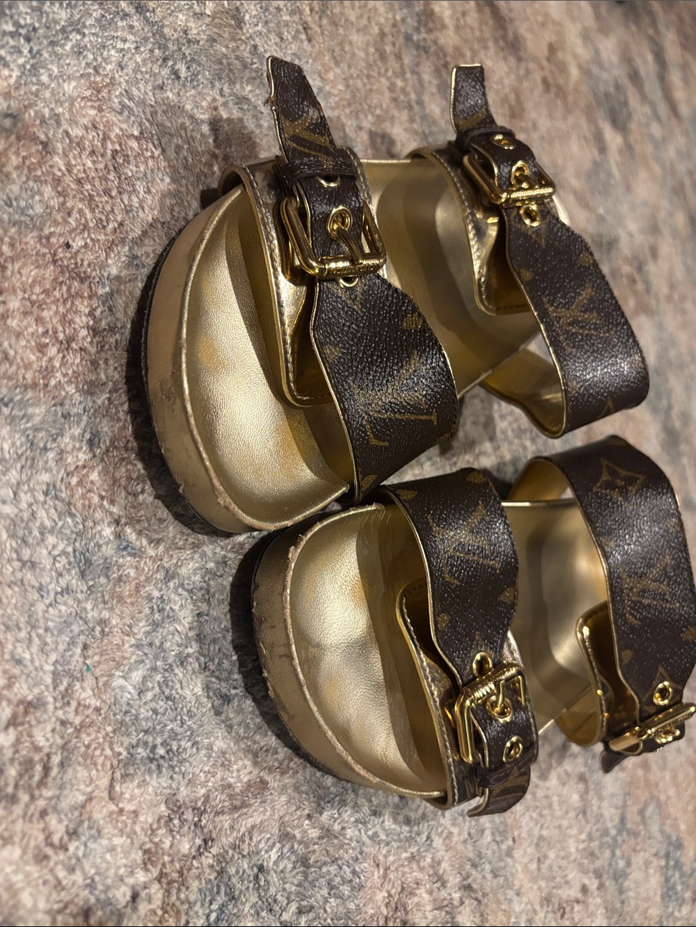Louis Vuitton Brown Monogram & Gold Buckle Slide Sandals - Picture 3 of 6